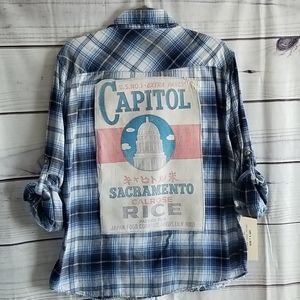 Boho Distressed upcycled shirt vintage rice sack